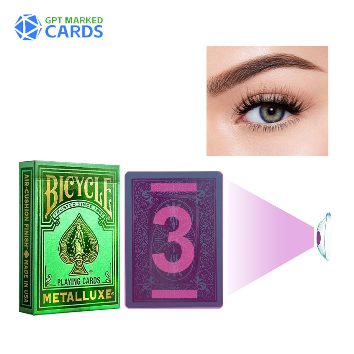 Cartas marcadas de bicicleta Poker Gold Stamping Green para lentes de contato de trapaça