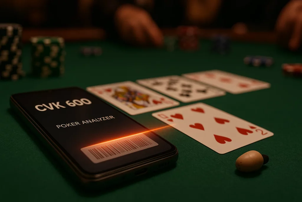 CVK 600 poker analyzer device scanning barcode marked cards on a poker table with a mini Bluetooth earpiece in the foreground.