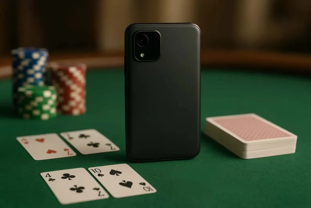 Sleek poker analyzer disguised as a smartphone on a poker table with barcode-marked cards, ideal for discreet use in Texas Hold’em.