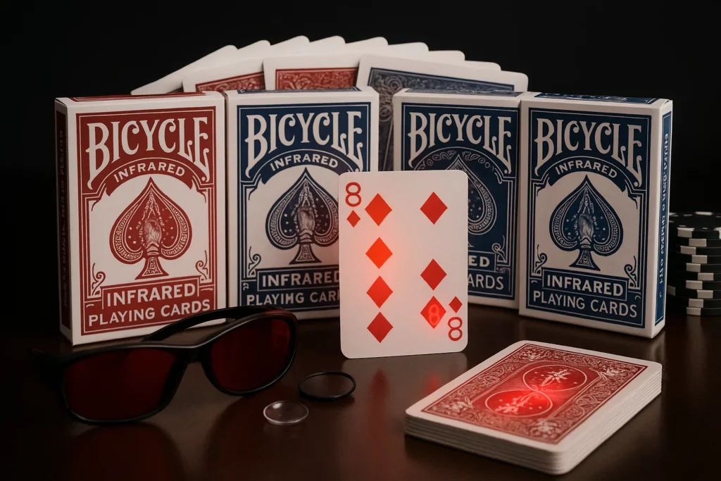 How Bicycle Infrared Marked Cards Work for Poker Cheating 2 Infrared contact lenses revealing markings on Bicycle infrared marked cards