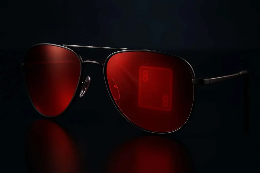 The Stealth Principle of Infrared Sunglasses 2 Close-up of infrared sunglasses with red-tinted lenses for detecting invisible ink on marked poker cards.