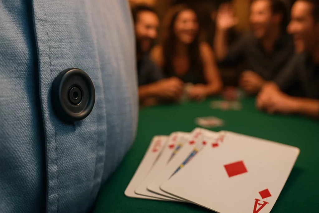 C&aacute;mara de escaneo de botones que captura cartas en movimiento marcadas con c&oacute;digo de barras durante una partida de p&oacute;quer privada