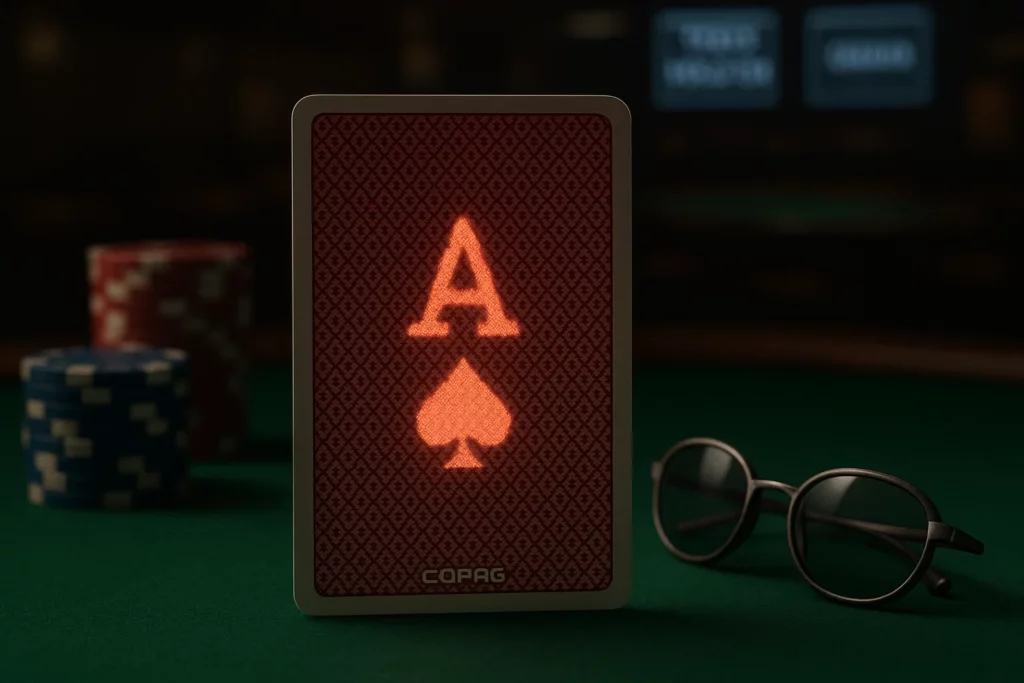 Infrared marked Copag card affecting poker game outcomes with lenses