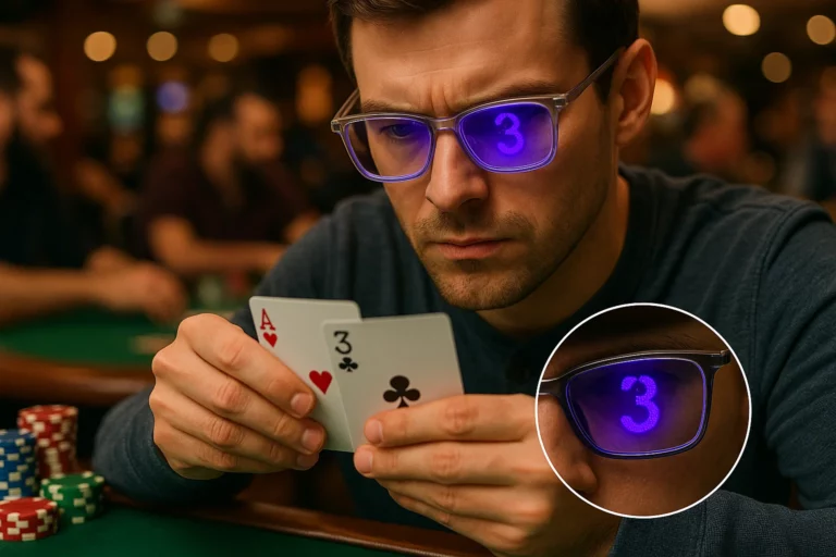 2025 Buyer's Guide to Marked Cards Glasses: Top Picks & Tips 4 Người chơi poker đeo kính trong suốt có mực vô hình, để lộ các dấu hiệu UV trên những lá bài đã đánh dấu trong khi chơi, lý tưởng cho chiến lược poker năm 2025.
