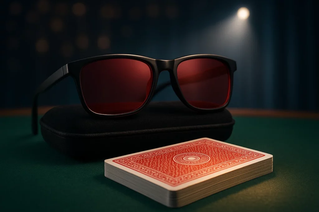 Infrared glasses for marked cards on a velvet case with luminous marked deck