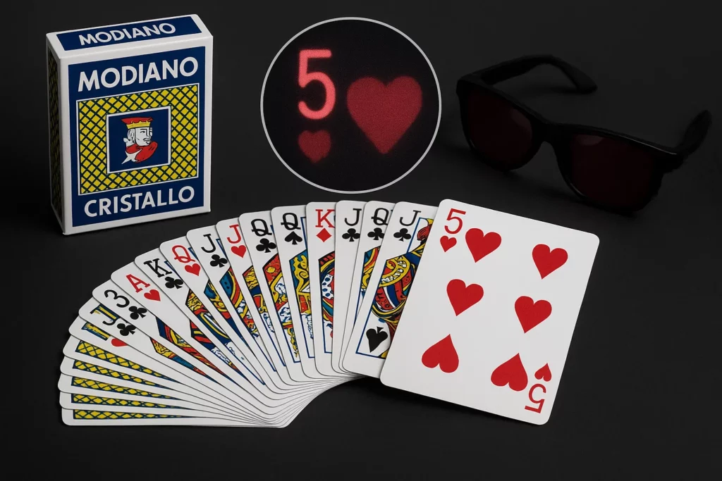 Modiano Cristallo deck with infrared markings visible through infrared glasses, displayed on a black background.