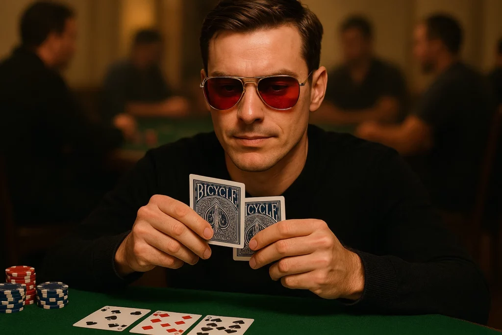 Poker player wearing marked cards sunglasses at a Texas Hold'em table with Bicycle marked deck