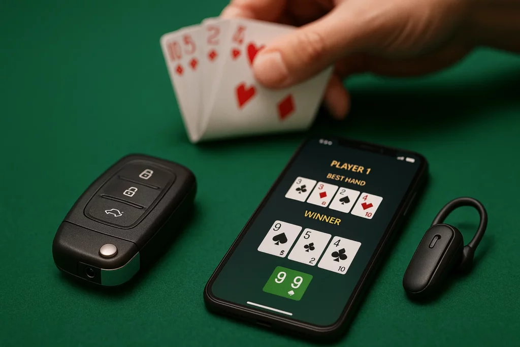 Poker analyzer system with car key scanner and barcode marked cards on a poker table