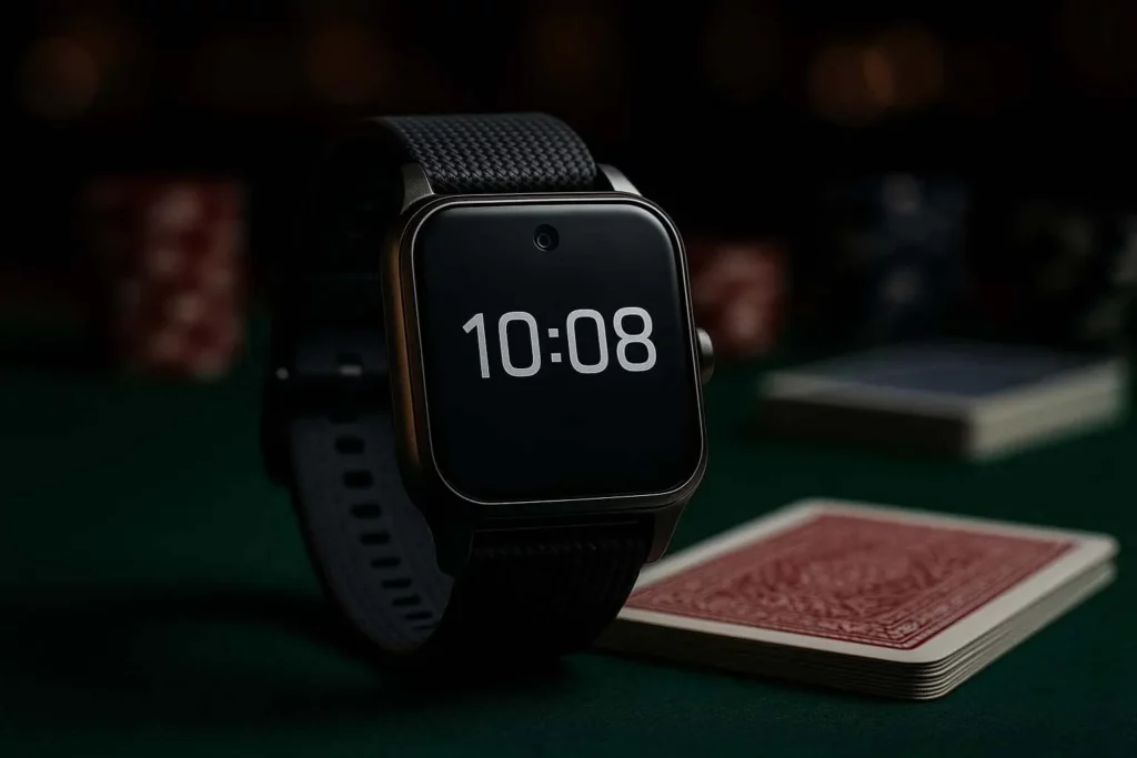 Smart watch poker scanner on a poker table with barcode marked cards in a casino setting