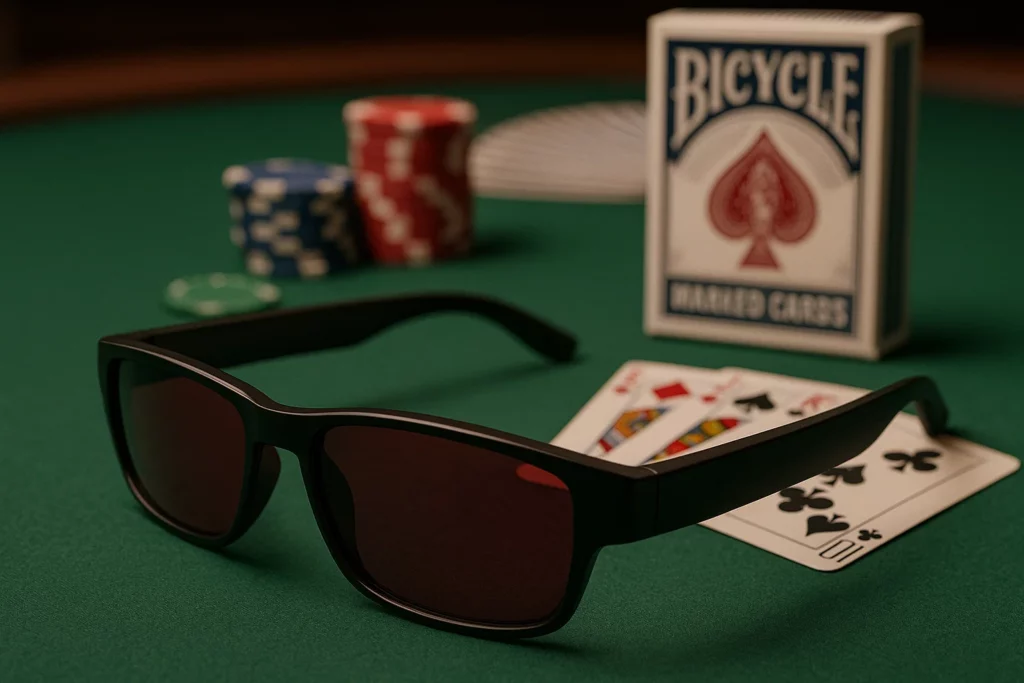 Stylish black poker sunglasses on a green poker table with marked Bicycle cards in the background.