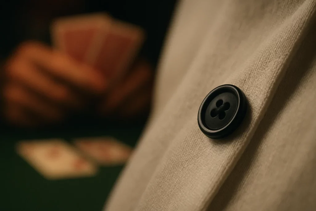 Close-up of a T-shirt button poker scanner with a poker game in the background.
