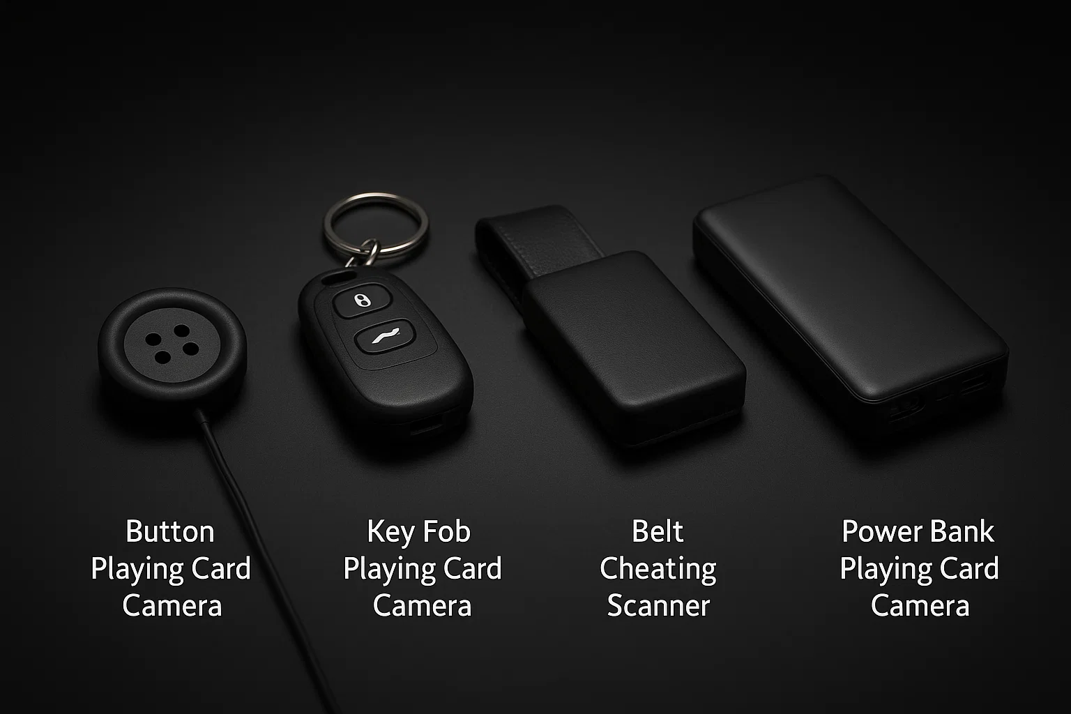 Collection of hidden poker cameras, including T-shirt Button, Keychain, Leather Belt, and Power Bank scanners, designed for discreet card scanning.