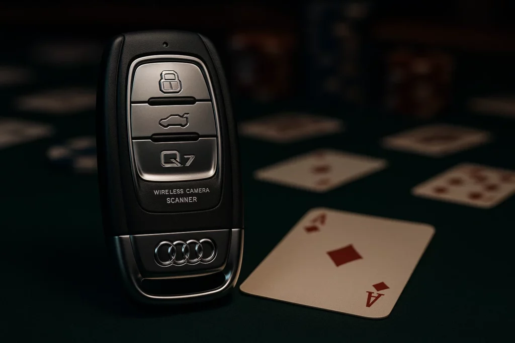 Audi Q7 car key with hidden wireless camera scanner on poker table