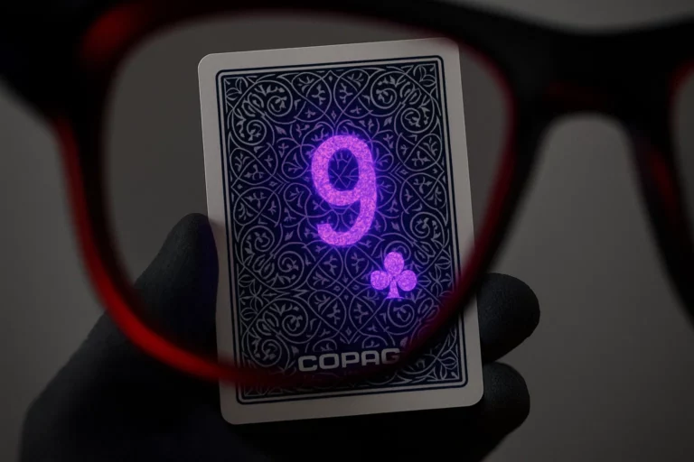 Customer Purchase Guide for Marked Cards Sunglasses 1 Close-up view of invisible ink glasses revealing UV markings on a Copag marked card, ideal for poker cheating glasses.