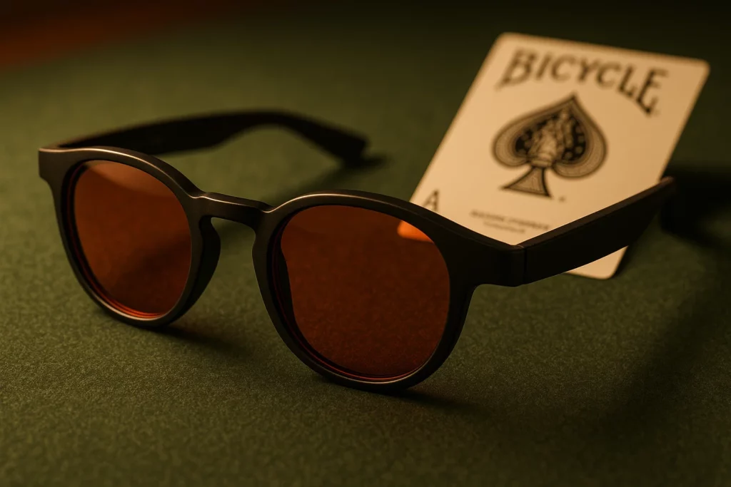 Response Time of Infrared Filters in Invisible Ink Glasses 1 Close-up of invisible ink glasses with red filter on a poker table with marked cards in the background