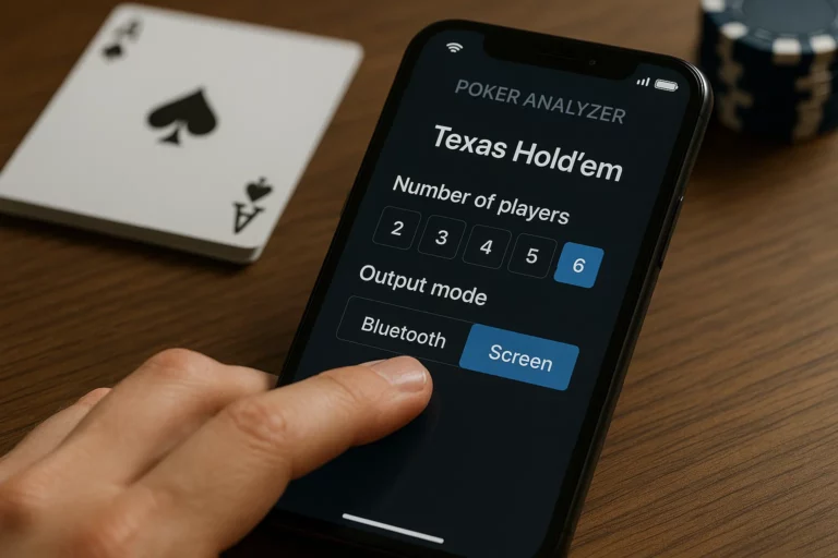 Close-up of a poker analyzer touchscreen showing Texas Hold&rsquo;em settings with barcode-marked cards in the background.