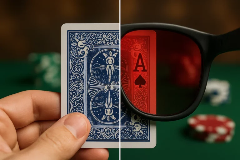 Hr&aacute;č pokeru nos&iacute; infračerven&eacute; slunečn&iacute; br&yacute;le, aby během hry detekoval neviditeln&eacute; inkoustov&eacute; stopy na označen&eacute; hrac&iacute; kartě.