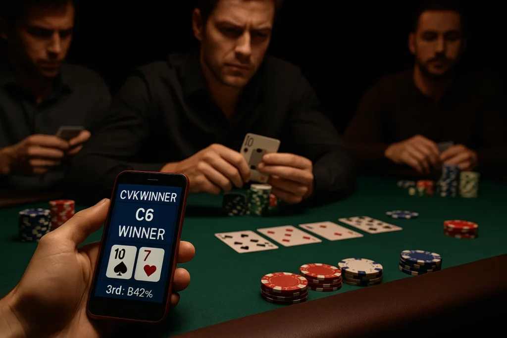 Jucător care folosește discret CVK Poker Analyzer &icirc;n timpul unui joc de Texas Holdem cu cărți marcate cu coduri de bare.