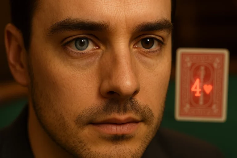 在撲克遊戲中，玩家戴著 X 光隱形眼鏡近距離觀察眼睛，微妙地顯示出標記牌上的隱形墨水標記。