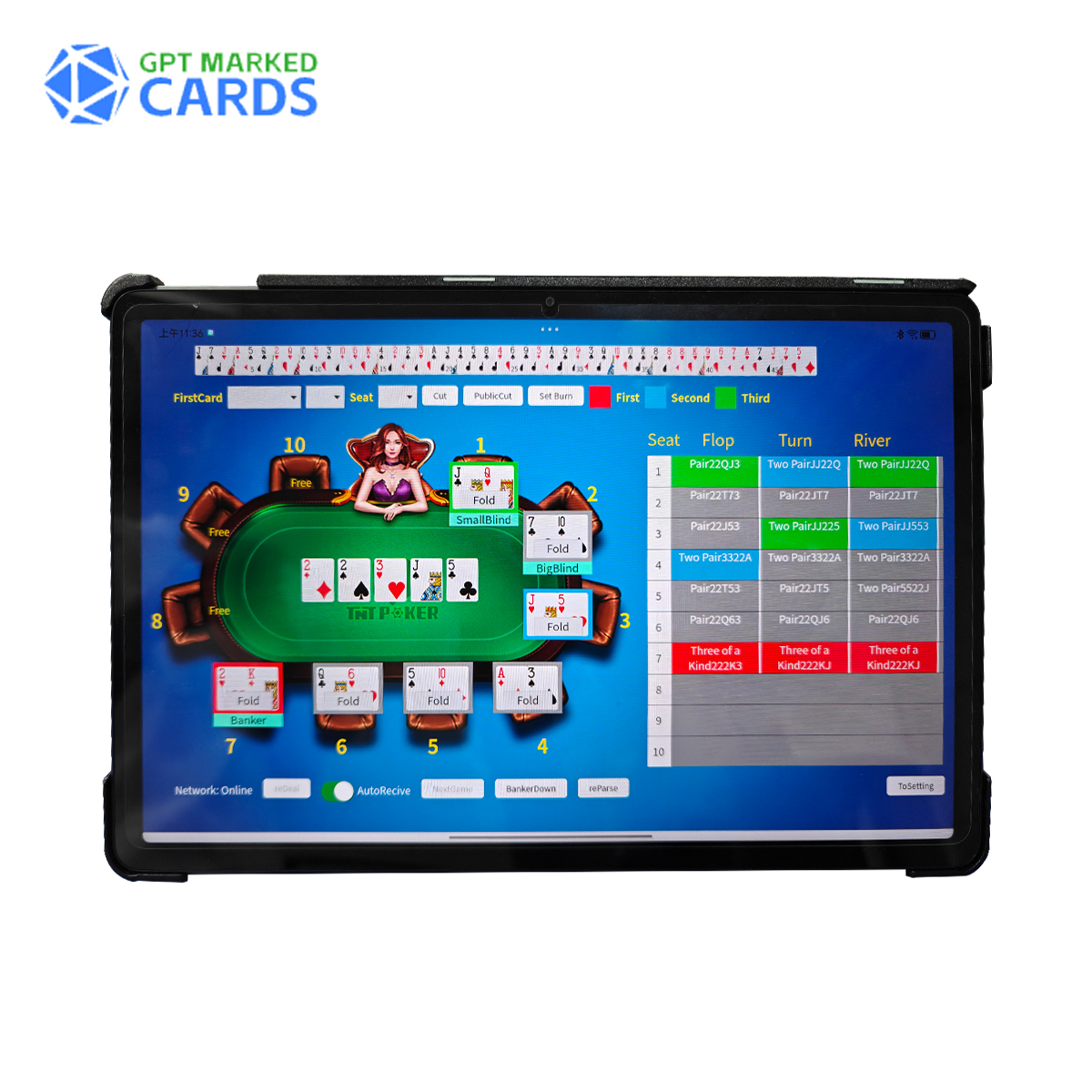 Tablette de visualisation pour Texas Hold'em affichant en temps r&eacute;el les cartes cach&eacute;es de tous les joueurs.