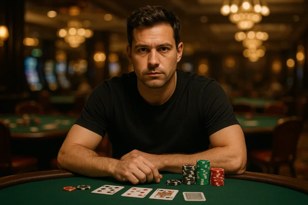 Man wearing ordinary black T-shirt sitting at poker table, secretly scanning barcode marked cards with hidden camera